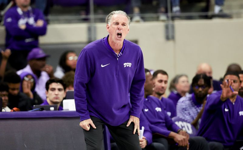 Jan 13, 2024; Fort Worth, Texas, USA; TCU Horned Frogs head coach Jamie Dixon reacts during the second half against the against the Houston Cougars at Ed and Rae Schollmaier Arena. Mandatory Credit: Kevin Jairaj-USA TODAY Sports