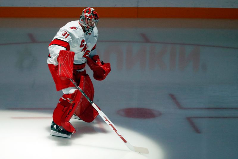 Oct 18, 2024; Pittsburgh, Pennsylvania, USA;  Carolina Hurricanes goaltender Frederik Andersen (31) takes the ice to warm up against the Pittsburgh Penguins at PPG Paints Arena. Mandatory Credit: Charles LeClaire-Imagn Images