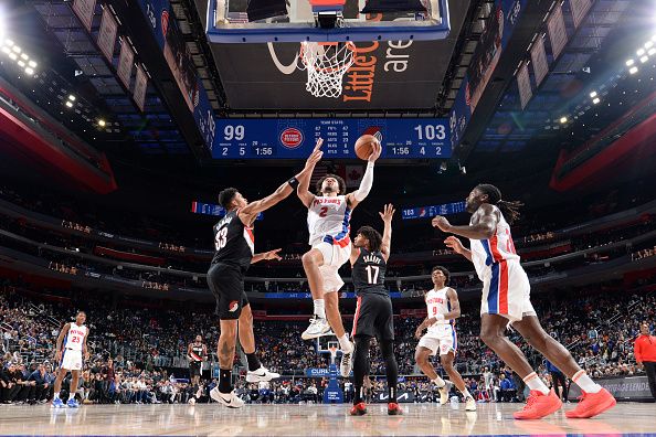 DETROIT, MI - NOVEMBER 1: Cade Cunningham #2 of the Detroit Pistons drives to the basket during the game against the Portland Trail Blazers on November 1, 2023 at Little Caesars Arena in Detroit, Michigan. NOTE TO USER: User expressly acknowledges and agrees that, by downloading and/or using this photograph, User is consenting to the terms and conditions of the Getty Images License Agreement. Mandatory Copyright Notice: Copyright 2023 NBAE (Photo by Chris Schwegler/NBAE via Getty Images)