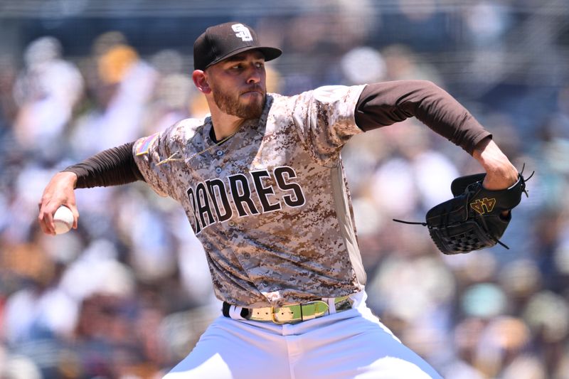 Jul 9, 2023; San Diego, California, USA; San Diego Padres starting pitcher Joe Musgrove (44) throws a pitch against the New York Mets during the first inning at Petco Park. Mandatory Credit: Orlando Ramirez-USA TODAY Sports