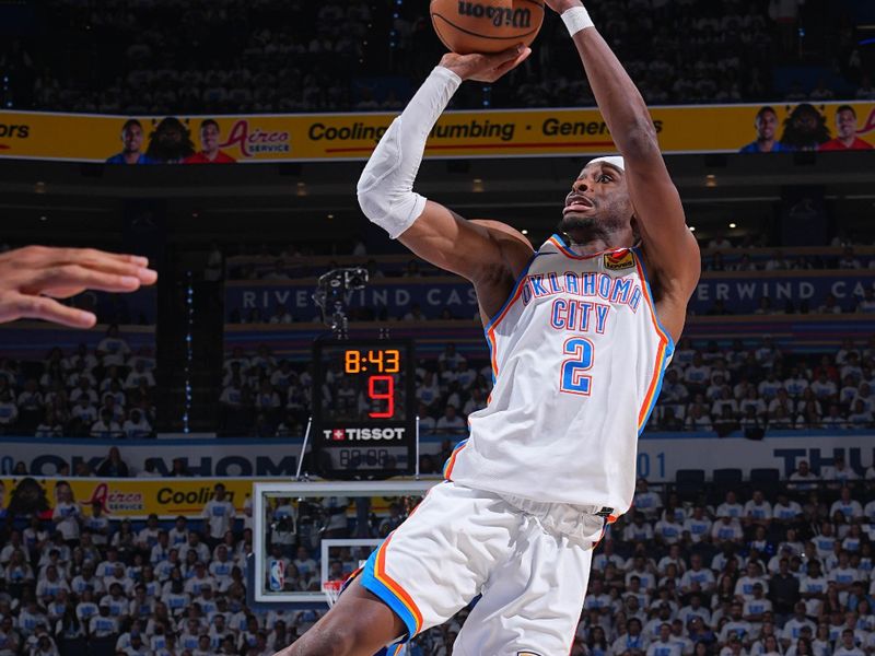 OKLAHOMA CITY, OK - MAY 20: Shai Gilgeous-Alexander #2 of the Oklahoma City Thunder shoots the ball during the game against the Minnesota Timberwolves during Game One of the Western Conference Finals on May 20, 2025 at Paycom Center in Oklahoma City, Oklahoma. NOTE TO USER: User expressly acknowledges and agrees that, by downloading and or using this photograph, User is consenting to the terms and conditions of the Getty Images License Agreement. Mandatory Copyright Notice: Copyright 2025 NBAE (Photo by Garrett Ellwood/NBAE via Getty Images)