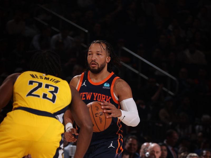 NEW YORK, NY - FEBRUARY 1: Jalen Brunson #11 of the New York Knicks dribbles the ball during the game against the Indiana Pacers on February 1, 2024 at Madison Square Garden in New York City, New York.  NOTE TO USER: User expressly acknowledges and agrees that, by downloading and or using this photograph, User is consenting to the terms and conditions of the Getty Images License Agreement. Mandatory Copyright Notice: Copyright 2024 NBAE  (Photo by Nathaniel S. Butler/NBAE via Getty Images)