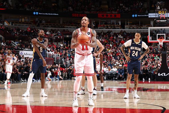 CHICAGO, IL - DECEMBER 2: DeMar DeRozan #11 of the Chicago Bulls prepares to shoot a free throw during the game against the New Orleans Pelicans on December 2, 2023 at United Center in Chicago, Illinois. NOTE TO USER: User expressly acknowledges and agrees that, by downloading and or using this photograph, User is consenting to the terms and conditions of the Getty Images License Agreement. Mandatory Copyright Notice: Copyright 2023 NBAE (Photo by Jeff Haynes/NBAE via Getty Images)