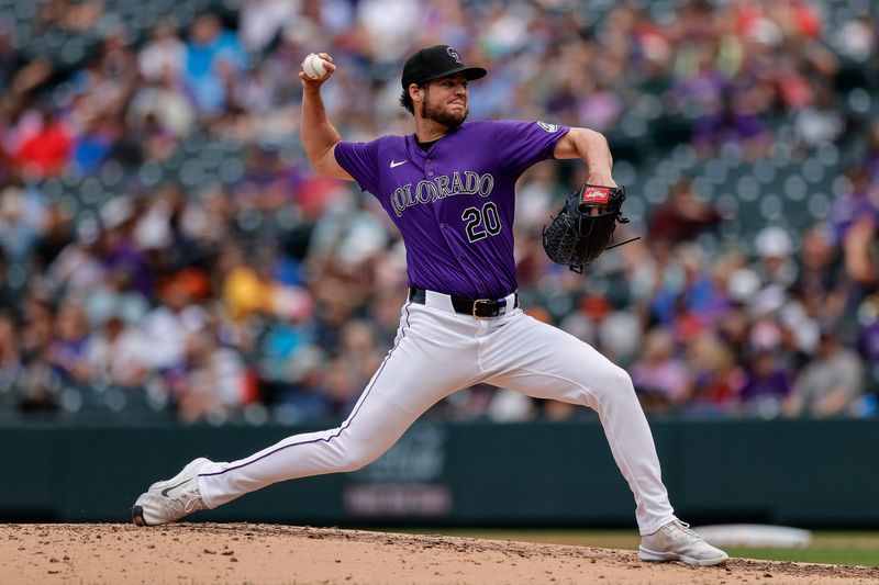 Aug 8, 2024; Denver, Colorado, USA; Colorado Rockies relief pitcher Peter Lambert (20) pitches in the fifth inning against the New York Mets at Coors Field. Mandatory Credit: Isaiah J. Downing-USA TODAY Sports