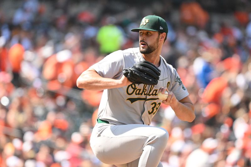 Apr 28, 2024; Baltimore, Maryland, USA;  Oakland Athletics relief pitcher Kyle Muller (39) delivers a pitch during the sixth inning against the Baltimore Orioles at Oriole Park at Camden Yards. Mandatory Credit: James A. Pittman-USA TODAY Sports