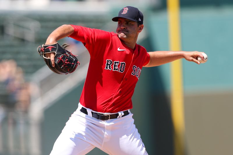 Mar 28, 2023; Fort Myers, Florida, USA;  Boston Red Sox relief pitcher Richard Bleier (35) throws a pitch against the Atlanta Braves in the fifth inning during spring training at JetBlue Park at Fenway South. Mandatory Credit: Nathan Ray Seebeck-USA TODAY Sports