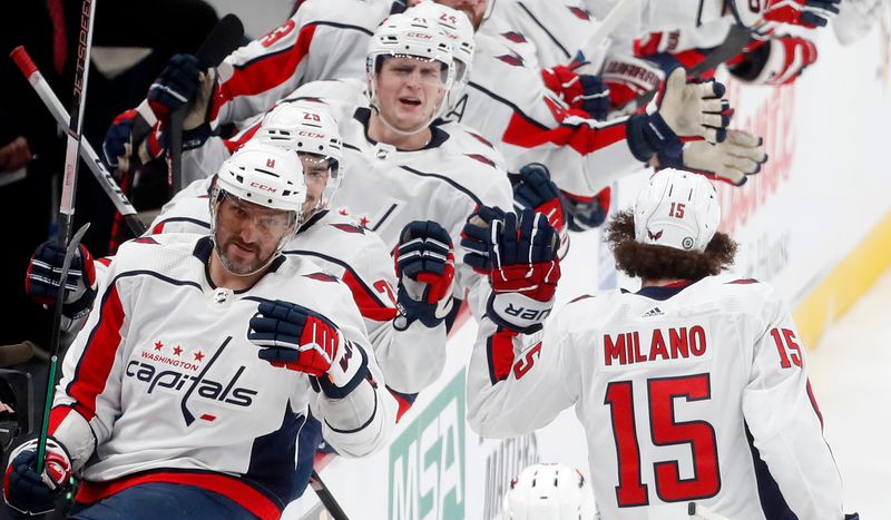 Mar 7, 2024; Pittsburgh, Pennsylvania, USA; The Washington Capitals bench celebrates a goal by left wing Sonny Milano (15) against the Pittsburgh Penguins during the third period at PPG Paints Arena. The Capitals shutout the Penguins 6-0. Mandatory Credit: Charles LeClaire-USA TODAY Sports