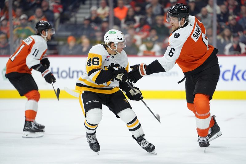 Dec 1, 2025; Philadelphia, Pennsylvania, USA; Pittsburgh Penguins center Blake Lizotte (46) skates against Philadelphia Flyers defenseman Travis Sanheim (6) in the second period at Xfinity Mobile Arena. Mandatory Credit: Kyle Ross-Imagn Images