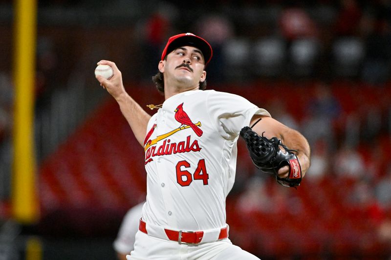 Sep 16, 2024; St. Louis, Missouri, USA;  St. Louis Cardinals relief pitcher Ryan Fernandez (64) pitches against the Pittsburgh Pirates during the ninth inning at Busch Stadium. Mandatory Credit: Jeff Curry-Imagn Images