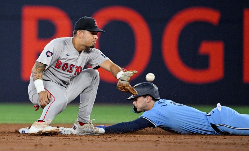 Sep 24, 2024; Toronto, Ontario, CAN; Toronto Blue Jays center fielder Joey Loperfido (9) steals second base as Boston Red Sox second baseman Vaughan Grissom (5) catches the ball in the third inning at Rogers Centre. Mandatory Credit: Dan Hamilton-Imagn Images