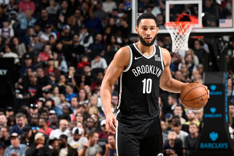 BROOKLYN, NY - NOVEMBER 9: Ben Simmons #10 of the Brooklyn Nets dribbles the ball during the game against the Chicago Bulls on November 9, 2024 at Barclays Center in Brooklyn, New York. NOTE TO USER: User expressly acknowledges and agrees that, by downloading and or using this Photograph, user is consenting to the terms and conditions of the Getty Images License Agreement. Mandatory Copyright Notice: Copyright 2024 NBAE (Photo by David Dow/NBAE via Getty Images)