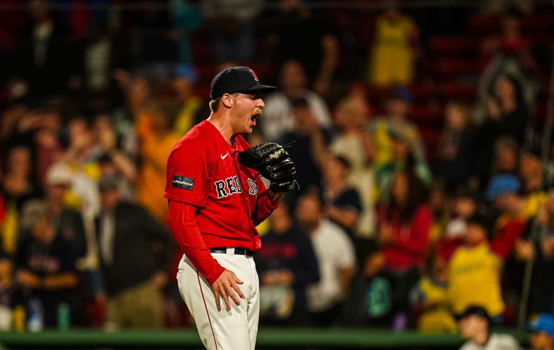 Jun 14, 2023; Boston, Massachusetts, USA; Boston Red Sox relief pitcher Josh Winckowski (25) reacts after striking out Colorado Rockies second baseman Harold Castro (30) (not pictured) to end the game at Fenway Park. Mandatory Credit: David Butler II-USA TODAY Sports