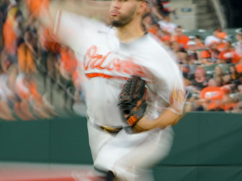 Aug 28, 2023; Baltimore, Maryland, USA; Baltimore Orioles starting pitcher Grayson Rodriguez (30) throws a first inning pitch against the Chicago White Sox  at Oriole Park at Camden Yards. Mandatory Credit: Tommy Gilligan-USA TODAY Sports