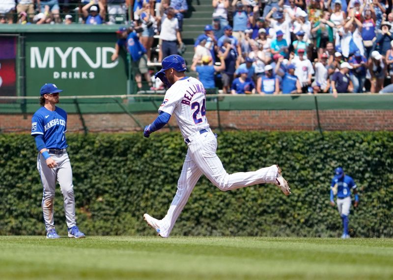 Aug 19, 2023; Chicago, Illinois, USA; Chicago Cubs first baseman Cody Bellinger (24) runs the bases after hitting a two-run home run against the Kansas City Royals during the first inning at Wrigley Field. Mandatory Credit: David Banks-USA TODAY Sports