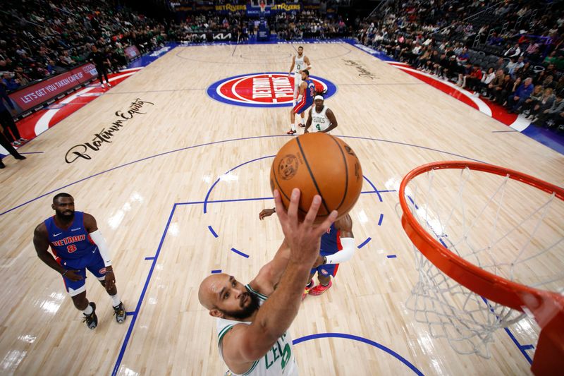 DETROIT, MI - OCTOBER 26:  Derrick White #9 of the Boston Celtics dunks the ball during the game against the Detroit Pistons during a regular season game on October 26, 2024 at Little Caesars Arena in Detroit, Michigan. NOTE TO USER: User expressly acknowledges and agrees that, by downloading and/or using this photograph, User is consenting to the terms and conditions of the Getty Images License Agreement. Mandatory Copyright Notice: Copyright 2024 NBAE (Photo by Brian Sevald/NBAE via Getty Images)