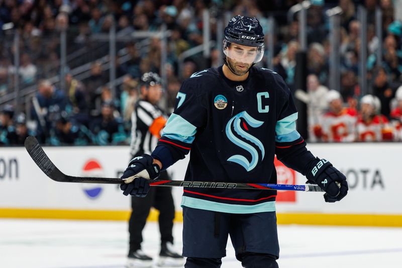 Oct 19, 2024; Seattle, Washington, USA; Seattle Kraken right wing Jordan Eberle (7) looks on during the third period against the Calgary Flames at Climate Pledge Arena. Mandatory Credit: Caean Couto-Imagn Images