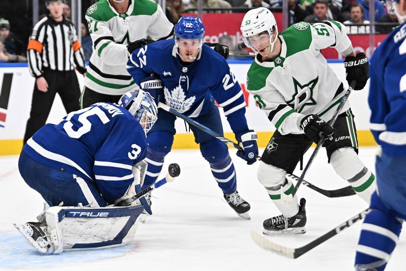 Feb 7, 2024; Toronto, Ontario, CAN; Toronto Maple Leafs goalie Ilya Samsonov (35) makes a save against Dallas Stars forward Wyatt Johnston (53) in the second period at Scotiabank Arena. Mandatory Credit: Dan Hamilton-USA TODAY Sports