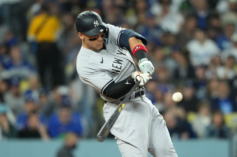 Jun 2, 2023; Los Angeles, California, USA; New York Yankees right fielder Aaron Judge (99) bats against the Los Angeles Dodgers at Dodger Stadium. Mandatory Credit: Kirby Lee-USA TODAY Sports