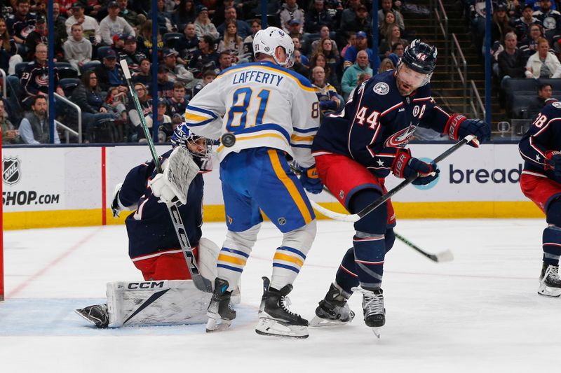 Apr 10, 2025; Columbus, Ohio, USA; Columbus Blue Jackets defenseman Erik Gudbranson (44) blocks a shot attempt of the Buffalo Sabres during the third period at Nationwide Arena. Mandatory Credit: Russell LaBounty-Imagn Images