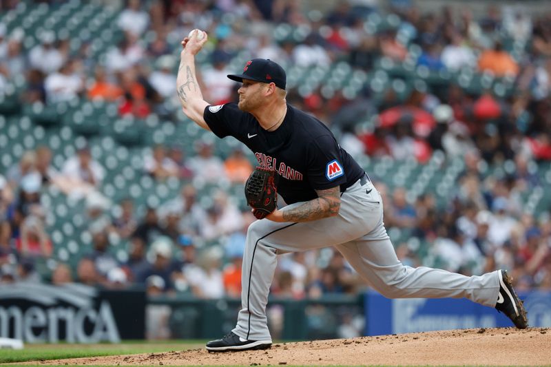 Jul 9, 2024; Detroit, Michigan, USA;  Cleveland Guardians pitcher Ben Lively (39) pitches in the first inning against the Detroit Tigers at Comerica Park. Mandatory Credit: Rick Osentoski-USA TODAY Sports