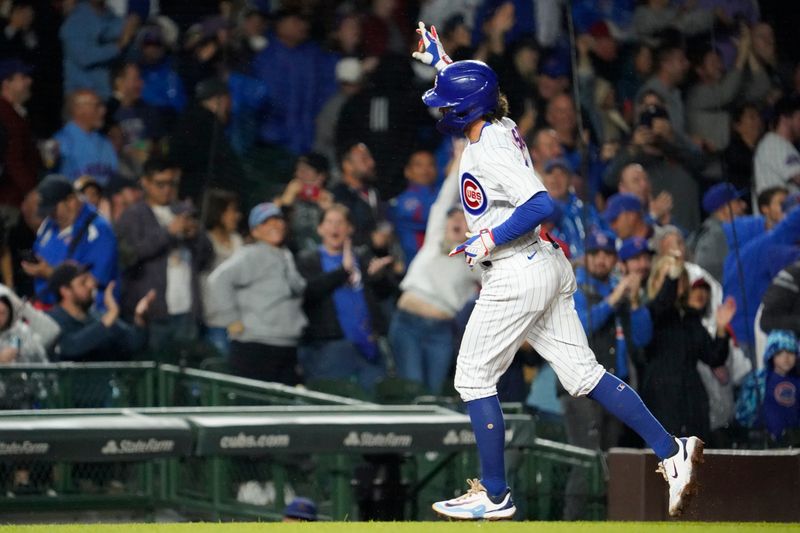 Sep 19, 2023; Chicago, Illinois, USA; Chicago Cubs shortstop Dansby Swanson (7) runs the bases after hitting a two-run home run against the Pittsburgh Pirates during the first inning at Wrigley Field. Mandatory Credit: David Banks-USA TODAY Sports