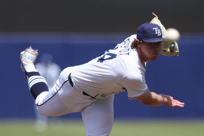 Apr 20, 2025; Tampa, Florida, USA; Tampa Bay Rays starting pitcher Ryan Pepiot (44) throws a pitch against the New York Yankees in the fourth inning at George M. Steinbrenner Field. Mandatory Credit: Nathan Ray Seebeck-Imagn Images
