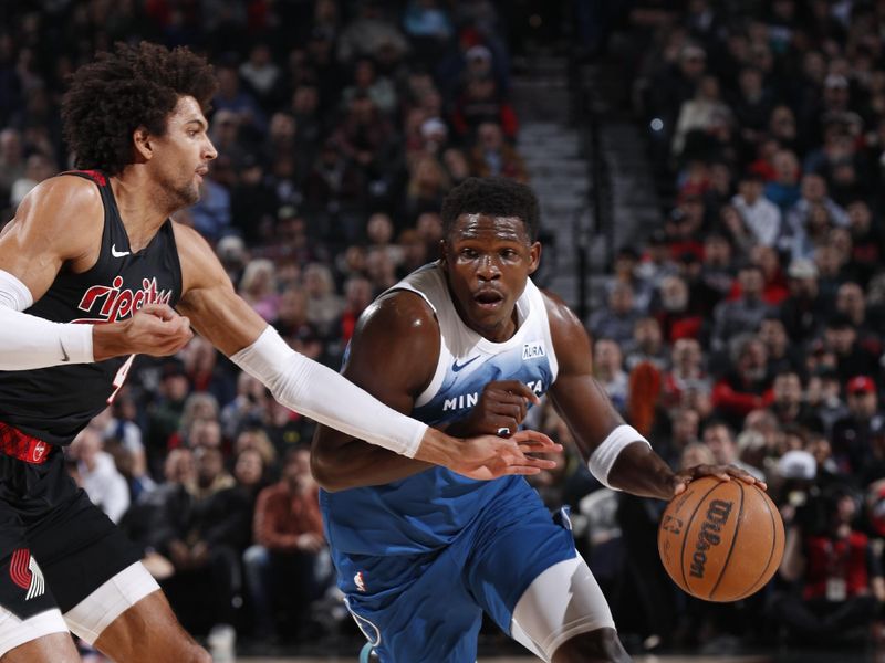 PORTLAND, OR - FEBRUARY 15: Anthony Edwards #5 of the Minnesota Timberwolves drives to the basket during the game against the Portland Trail Blazers on February 15, 2024 at the Moda Center Arena in Portland, Oregon. NOTE TO USER: User expressly acknowledges and agrees that, by downloading and or using this photograph, user is consenting to the terms and conditions of the Getty Images License Agreement. Mandatory Copyright Notice: Copyright 2024 NBAE (Photo by Cameron Browne/NBAE via Getty Images)