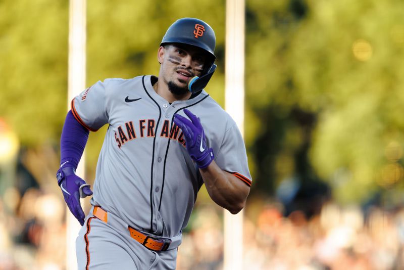 Jul 6, 2025; West Sacramento, California, USA; San Francisco Giants shortstop Willy Adames (2) rounds the bases after hitting a home run during the game against the Athletics at Sutter Health Park. Mandatory Credit: Sergio Estrada-Imagn Images