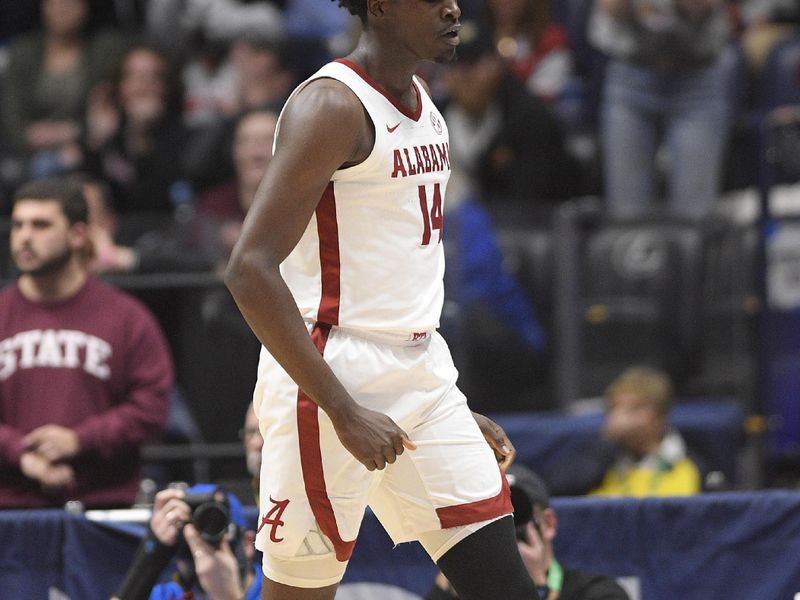 Mar 10, 2023; Nashville, TN, USA;  Mississippi State Bulldogs forward Tyler Stevenson (14) celebrates after a made basket plus one against the Mississippi State Bulldogs during the first half at Bridgestone Arena. Mandatory Credit: Steve Roberts-USA TODAY Sports