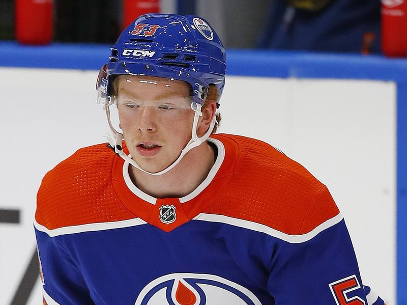 Sep 25, 2022; Edmonton, Alberta, CAN; Edmonton Oilers forward Reid Schaefer (53)  skates during warmup against the Winnipeg Jets at Rogers Place. Mandatory Credit: Perry Nelson-USA TODAY Sports