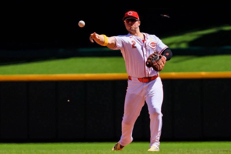 Sep 1, 2024; Cincinnati, Ohio, USA; Cincinnati Reds first baseman Ty France (2) throws to first to get Milwaukee Brewers outfielder Blake Perkins (not pictured) out in the eighth inning at Great American Ball Park. Mandatory Credit: Katie Stratman-USA TODAY Sports