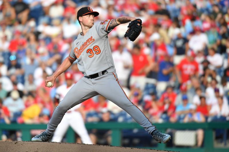 Jul 26, 2023; Philadelphia, Pennsylvania, USA; Baltimore Orioles starting pitcher Kyle Bradish (39) throws a pitch during the first inning against the Philadelphia Phillies at Citizens Bank Park. Mandatory Credit: Eric Hartline-USA TODAY Sports