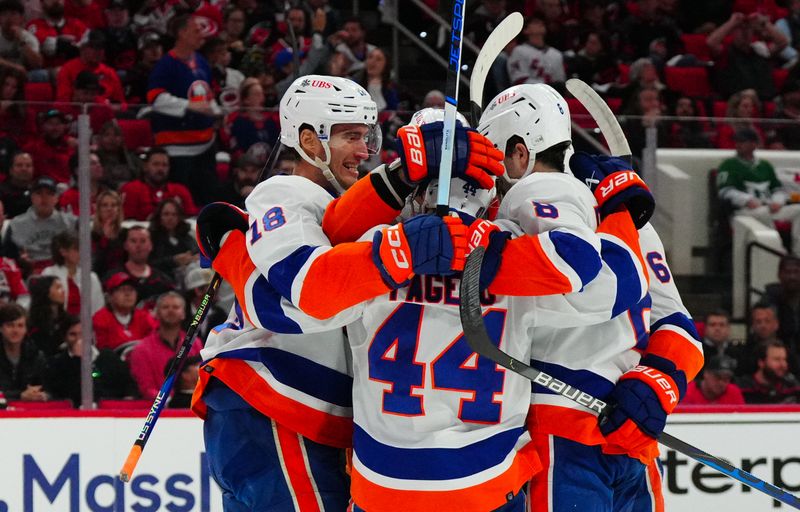 Apr 22, 2024; Raleigh, North Carolina, USA; New York Islanders left wing Anders Lee (27) is congratulated by  center Jean-Gabriel Pageau (44), left wing Pierre Engvall (18) and defenseman Ryan Pulock (6) after his goal against the Carolina Hurricanes during the second period in game two of the first round of the 2024 Stanley Cup Playoffs at PNC Arena. Mandatory Credit: James Guillory-USA TODAY Sports