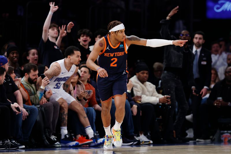 NEW YORK, NEW YORK - MARCH 08: Miles McBride #2 of the New York Knicks reacts after scoring during the first half against the Orlando Magic at Madison Square Garden on March 08, 2024 in New York City. NOTE TO USER: User expressly acknowledges and agrees that, by downloading and or using this photograph, User is consenting to the terms and conditions of the Getty Images License Agreement. (Photo by Sarah Stier/Getty Images)