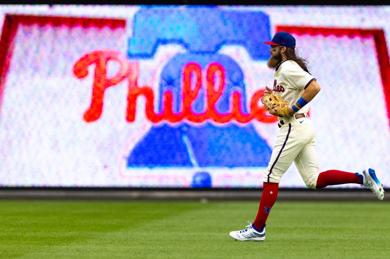 Aug 23, 2023; Philadelphia, Pennsylvania, USA; Philadelphia Phillies center fielder Brandon Marsh (16) takes the field for action against the San Francisco Giants at Citizens Bank Park. Mandatory Credit: Bill Streicher-USA TODAY Sports