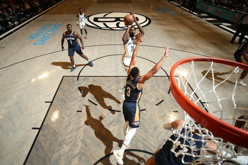 BROOKLYN, NY - MARCH 19: Dorian Finney-Smith #28 of the Brooklyn Nets shoots the ball during the game against the New Orleans Pelicans on March 19, 2024 at Barclays Center in Brooklyn, New York. NOTE TO USER: User expressly acknowledges and agrees that, by downloading and or using this Photograph, user is consenting to the terms and conditions of the Getty Images License Agreement. Mandatory Copyright Notice: Copyright 2024 NBAE (Photo by Nathaniel S. Butler/NBAE via Getty Images)