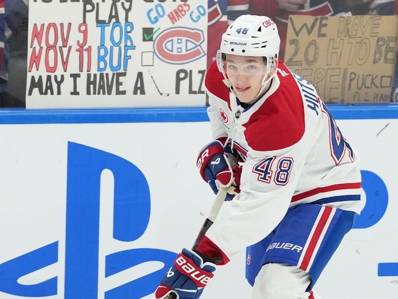 Nov 9, 2024; Toronto, Ontario, CAN;  Montreal Canadiens defenseman Lane Hutson (48) skates during the warmup before a game against the Toronto Maple Leafs at Scotiabank Arena. Mandatory Credit: Nick Turchiaro-Imagn Images