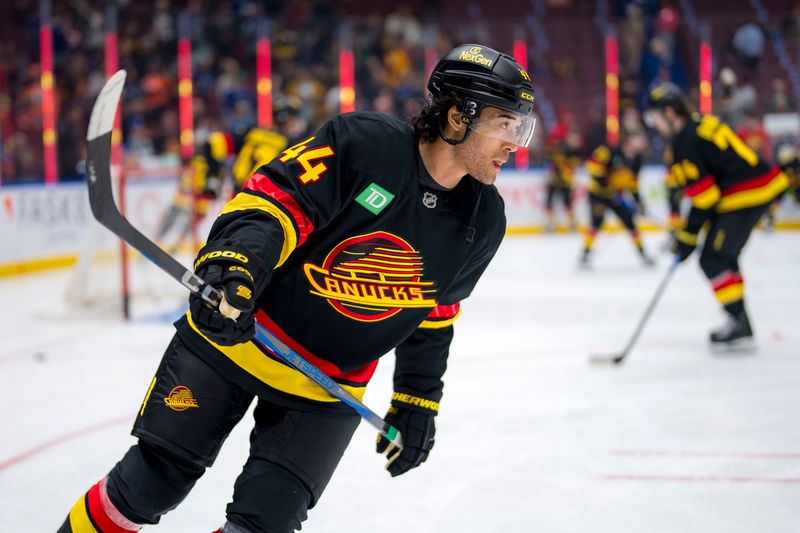 Nov 9, 2024; Vancouver, British Columbia, CAN; Vancouver Canucks forward Kiefer Sherwood (44) skates during warm up prior to a game against the Edmonton Oilers at Rogers Arena. Mandatory Credit: Bob Frid-Imagn Images