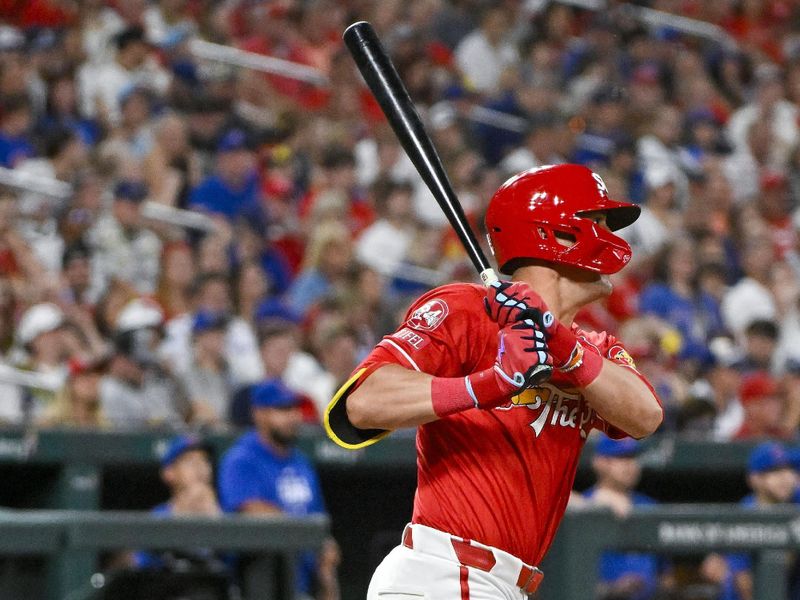 May 25, 2024; St. Louis, Missouri, USA;  St. Louis Cardinals right fielder Lars Nootbaar (21) hits a one run triple against the Chicago Cubs during the eighth inning at Busch Stadium. Mandatory Credit: Jeff Curry-USA TODAY Sports