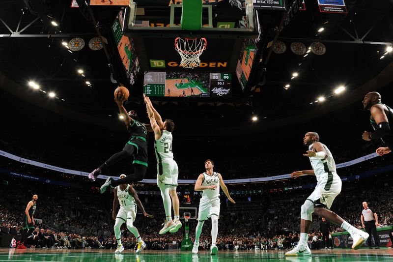 BOSTON, MA - MARCH 20: Jaylen Brown #7 of the Boston Celtics drives to the basket during the game against the Milwaukee Bucks on March 20, 2024 at the TD Garden in Boston, Massachusetts. NOTE TO USER: User expressly acknowledges and agrees that, by downloading and or using this photograph, User is consenting to the terms and conditions of the Getty Images License Agreement. Mandatory Copyright Notice: Copyright 2024 NBAE  (Photo by Brian Babineau/NBAE via Getty Images)