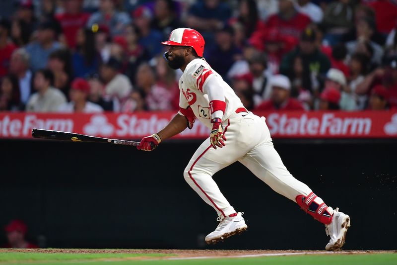 Jul 1, 2023; Anaheim, California, USA; Los Angeles Angels second baseman Luis Rengifo (2) runs after hitting a double against the Arizona Diamondbacks during the fifth inning at Angel Stadium. Mandatory Credit: Gary A. Vasquez-USA TODAY Sports