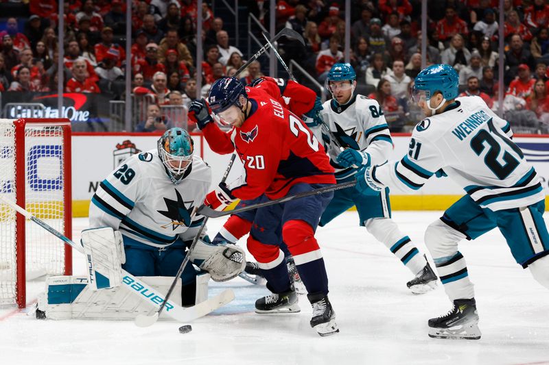 Dec 3, 2024; Washington, District of Columbia, USA; San Jose Sharks goaltender Mackenzie Blackwood (29) makes a save on Washington Capitals center Lars Eller (20) in the third period at Capital One Arena. Mandatory Credit: Geoff Burke-Imagn Images