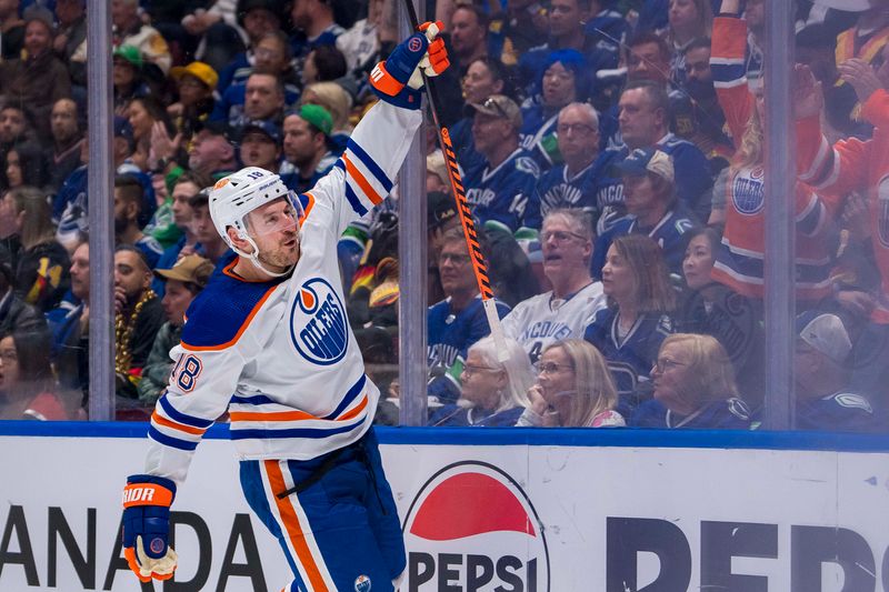 May 8, 2024; Vancouver, British Columbia, CAN; Edmonton Oilers forward Zach Hyman (18) celebrates a goal against the Vancouver Canucks during the second period in game one of the second round of the 2024 Stanley Cup Playoffs at Rogers Arena. Mandatory Credit: Bob Frid-USA TODAY Sports