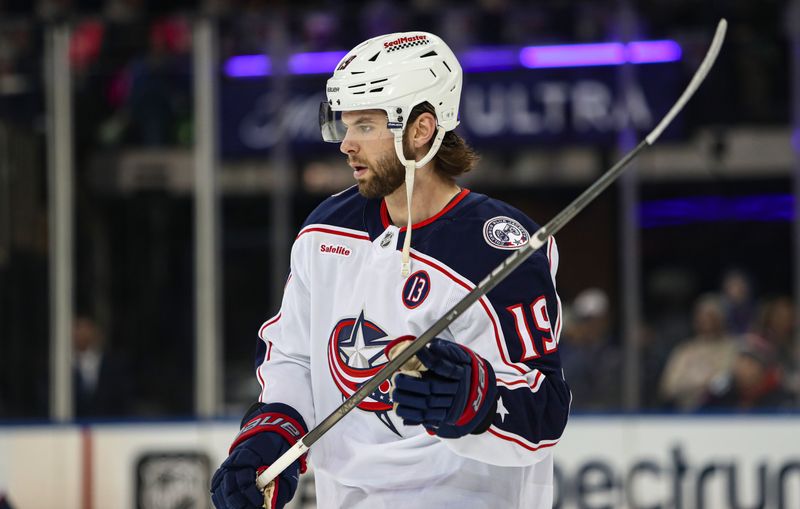 Jan 18, 2025; New York, New York, USA; Columbus Blue Jackets center Adam Fantilli (19) warms up before the first period against the New York Rangers at Madison Square Garden. Mandatory Credit: Danny Wild-Imagn Images