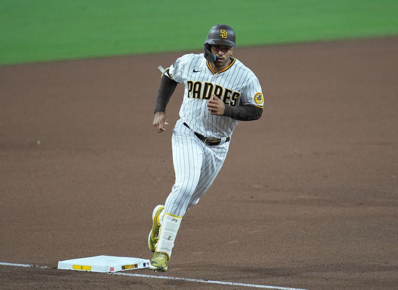 Aug 16, 2023; San Diego, California, USA;  San Diego Padres center fielder Trent Grisham (1) rounds the bases after hitting a solo home run against the Baltimore Orioles during the seventh inning at Petco Park. Mandatory Credit: Ray Acevedo-USA TODAY Sports