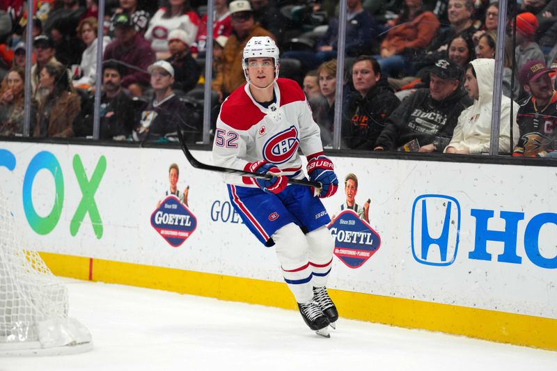 Nov 22, 2023; Anaheim, California, USA; Montreal Canadiens defenseman Justin Barron (52) reacts against the Anaheim Ducks in the first period at Honda Center. Mandatory Credit: Kirby Lee-USA TODAY Sports