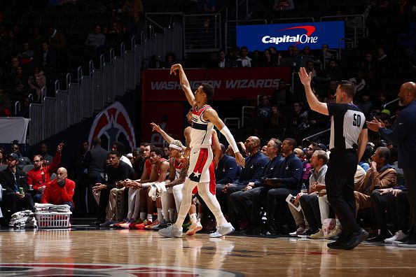 WASHINGTON, DC -? DECEMBER 13: Patrick Baldwin #7 of the Washington Wizards shoots a three point basket during the game against the New Orleans Pelicans on December 13, 2023 at Capital One Arena in Washington, DC. NOTE TO USER: User expressly acknowledges and agrees that, by downloading and or using this Photograph, user is consenting to the terms and conditions of the Getty Images License Agreement. Mandatory Copyright Notice: Copyright 2023 NBAE (Photo by Kenny Giarla/NBAE via Getty Images)