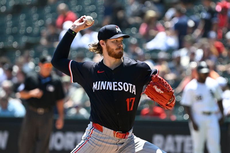 Jul 10, 2024; Chicago, Illinois, USA;  Minnesota Twins pitcher Bailey Ober (17) delivers the ball during the first inning against the Chicago White Sox at Guaranteed Rate Field. Mandatory Credit: Matt Marton-USA TODAY Sports