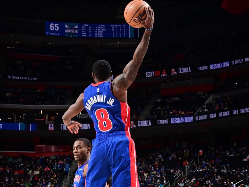 DETROIT, MI - JANUARY 3: Tim Hardaway Jr. #8 of the Detroit Pistons goes up for the rebound during the game against the Charlotte Hornets on January 3, 2025 at Little Caesars Arena in Detroit, Michigan. NOTE TO USER: User expressly acknowledges and agrees that, by downloading and/or using this photograph, User is consenting to the terms and conditions of the Getty Images License Agreement. Mandatory Copyright Notice: Copyright 2025 NBAE (Photo by Chris Schwegler/NBAE via Getty Images)