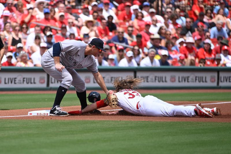 Jul 2, 2023; St. Louis, Missouri, USA; St. Louis Cardinals designated hitter Brendan Donovan (33) is tagged out stealing by New York Yankees third baseman DJ LeMahieu (26) in the first inning at Busch Stadium. Mandatory Credit: Joe Puetz-USA TODAY Sports